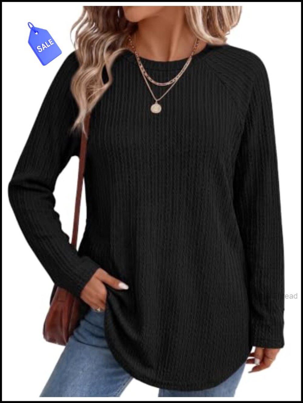 Textured Tunic Top Long Sleeve Crew Neck Curved Hem Casual Layering